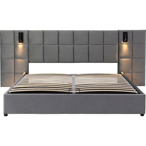 Polsterbett mit richtungsabhängige Lampe und USB-Aufladung Erwachsenenbett Doppelt Ohne Nachttisch 160*200cm Grau
