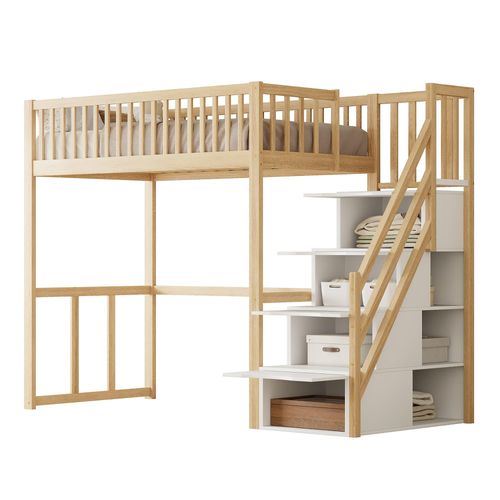 Hochbett,Kinderbett(natur)Holzbett,mit Sicherheits-Aufbewahrungsleiter,Bettgestell aus massivem Kiefernholz für Kinder und Jugendliche