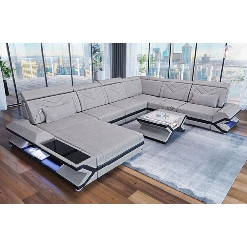 Stoffsofa Wohnlandschaft Napoli XXL mit Licht USB Webstoff Strukturstoff