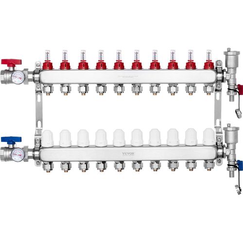VEVOR 10-Zweig-Wärmeverteilungsverteiler, 1/2-Zoll-PEX-Rohrverteiler, Edelstahl-PEX-Verteiler für hydronische Fußbodenheizung, Wärmeverteilungs-PEX-Verteilersatz im Lieferumfang enthalten
