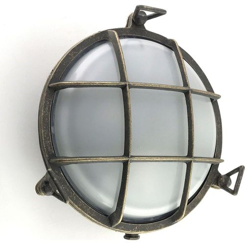 Außenlampe Wand Messing massiv Glas E27 IP64 Ø 24 cm rund in verwittert Weiß Maritim Kellerleuchte