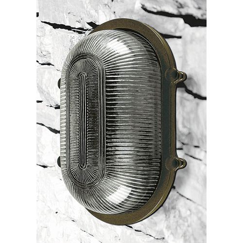 Außenlampe Wand Glas Echt-Messing E27 IP64 26 cm breit Schwarz antik Maritim Ovalleuchte