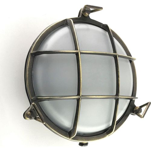 Außenlampe Wand Glas Echt-Messing E27 IP64 rund D: 24 cm in Messing antik Weiß Maritim Kellerlampe