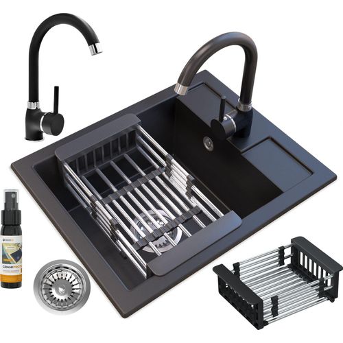 Granitan | Granitspüle BEST - Schwarz - Einbau mit Chrom-Siphon - Inklusive Zubehör und Pflegeprodukt