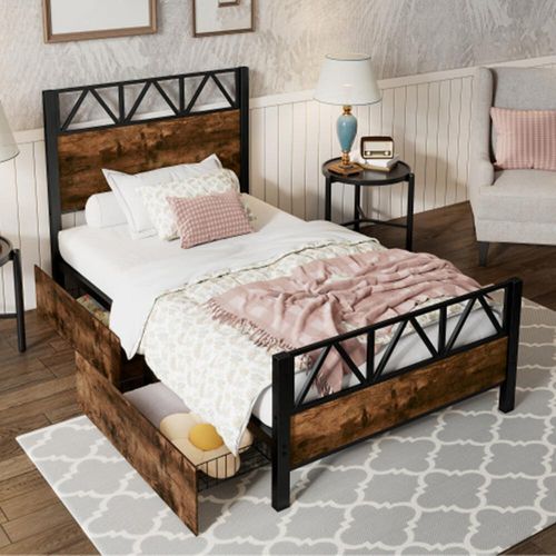 Metallbett, Kinderbett, Vintage-Holzfarben, Zwei Schubladen mit Rollen, Metallrahmen, Flachbetten, 90x200cm