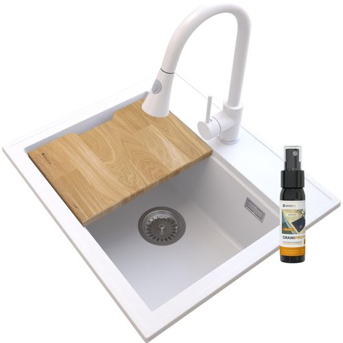 Granitan | Granitspüle FOXAL - Weiß (gebrochenes Weiß) - mit SNAKE Küchenarmatur - inkl. Holzbrett