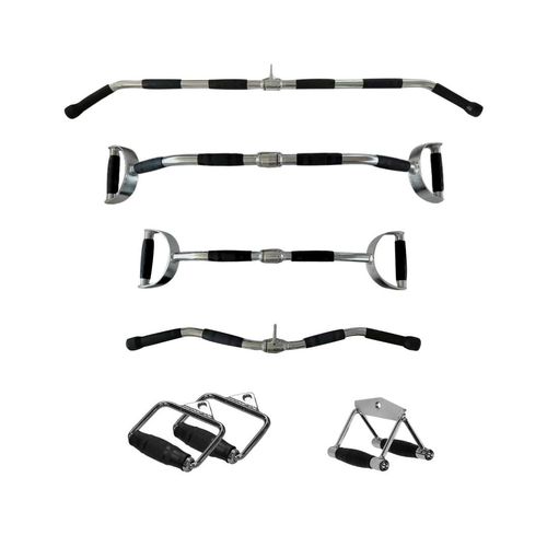 PH Fitness Maschinenstangen Set - 6 unverzichtbare Zubehörteile für Flaschenzugsysteme & Heimfitness - Rudergriff, Latissimus-Zugstangen, EZ-Curl Bar