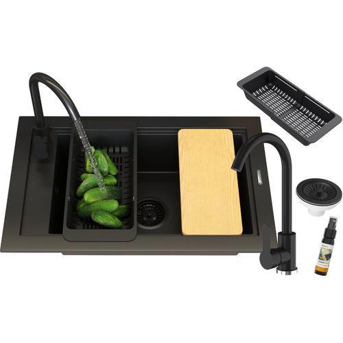 Einbeckenspüle Black Set Mischbatterie Siphonkorb Panamabrett