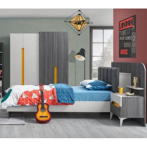 Kinderzimmer Kinderbett Bett Nachttisch Kleiderschrank Holz Möbel Grau Set