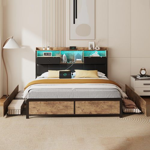 Metallbett Doppelbett Polsterbett 160x200cm, Doppelbett mit USB und 4 Schubladen, Stauraumbett Jugendbett mit Lattenrost und Led, Funktionsbett Massivholzbett, PU