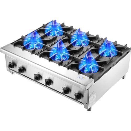 VEVOR Kommerzieller Gasherd Gaskochherd mit 6 Gaskochfelder, Propan / Erdgas-Kochherd Edelstahl-Gaskochplatte, kommerzielles Kochgerät 915 x 775 x 335 mm für Restaurants Hotel Café 42 kW
