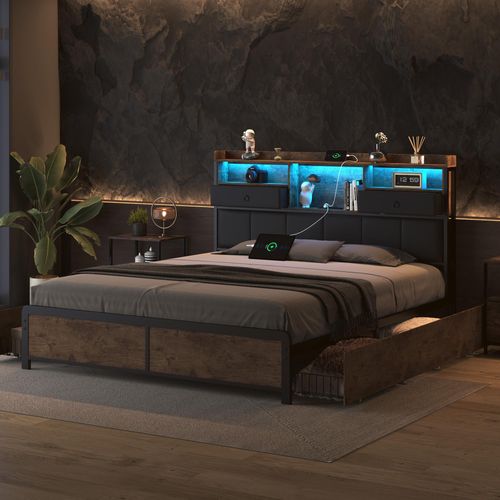 Metallbett Doppelbett Polsterbett 140x200cm, Doppelbett mit USB und 4 Schubladen, Stauraumbett Jugendbett mit Lattenrost und Led, Funktionsbett Massivholzbett, PU