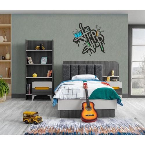 Kinderzimmer Kinderbett Bett Nachttisch Buecherregal Holz Möbel Grau Set