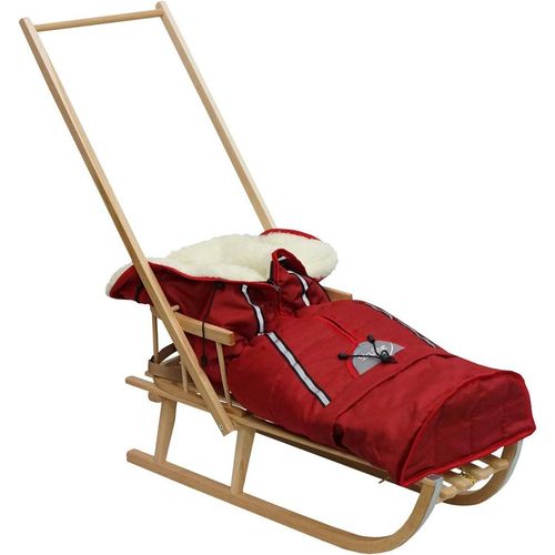 Holzschlitten für Kinder mit Rückenlehne Rodelschlitten Davoser Schlitten aus Holz mit einem Sicherheitsgurt, Rückenlehne und Winterfußsack