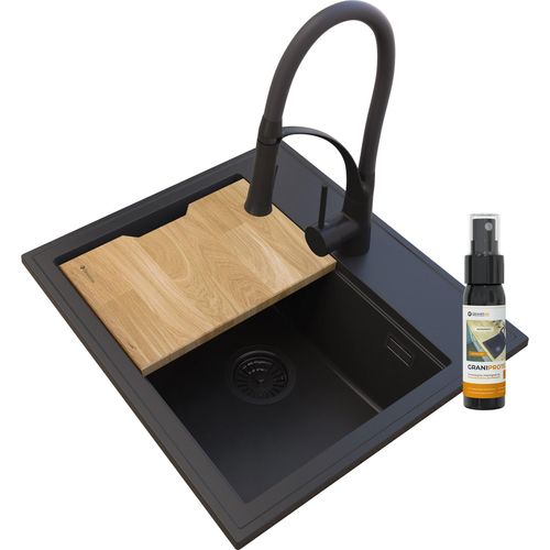 Granitan | Granitspüle FOXAL - Schwarz - inklusive NEXO Küchenarmatur - mit Holzbrett und Pflegeprodukt