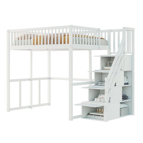 Hochbett(Weiß)140x200cm mit Sicherheitsaufbewahrungsleiter, Sicherheitsumrandung,Bettgestell aus massiver Kiefer,Geeignet für Kinder,Jugendliche