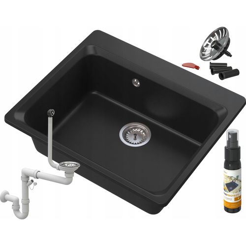 Granitan | Granitspüle ZANTE - 619 x 522 mm - Schwarz - Einbau mit Syphon und Pflegeprodukt