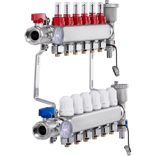 SucceBuy 6-Zweig-Wärmeverteilungsverteiler, 1/2-Zoll-PEX-Rohrverteiler, Edelstahl-PEX-Verteiler für hydronische Fußbodenheizung, Wärmeverteilungs-PEX-Verteilersatz mit 1/2-Zoll-Adaptern