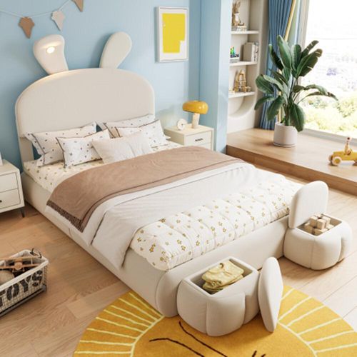 Kinderbett, Polsterbett,hydraulisches Bett, Hasenohren mit einstellbarer Helligkeit warmfarbenen Lichtstreifen, Stauraum unter dem Bett,140x200cm