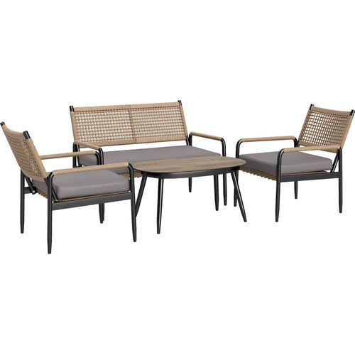 Outsunny Gartenmöbel Set aus Polyrattan Lounge-Set mit 2er Sofa Sessel Glastisch