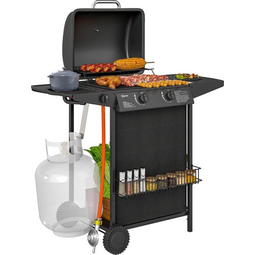 Outsunny Gasgrill 7 KW Grillwagen inkl 3 Brenner Seitenkocher Rolle Deckel
