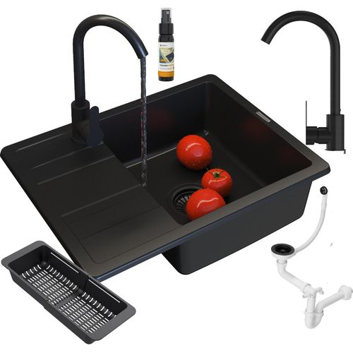 Granitan | Granitspüle PAROS - 580x440 mm - Schwarz - Einbau mit Zubehör und Pflegeprodukt
