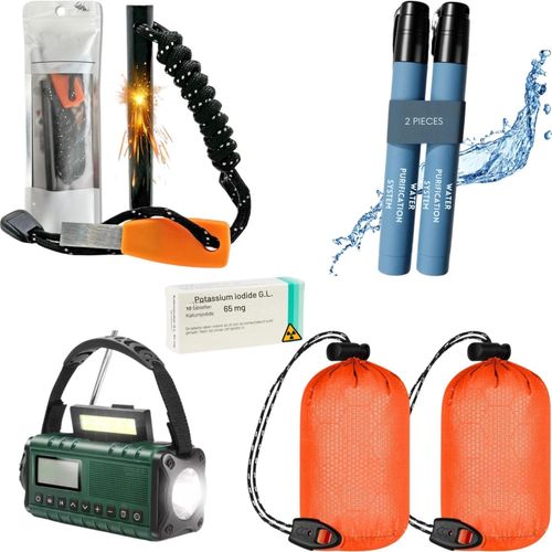 Notfallset - 2x Notfallschlafsack - Jodtabletten - Notfallradio - Wasserfilter - 1000L - Feueranzünder