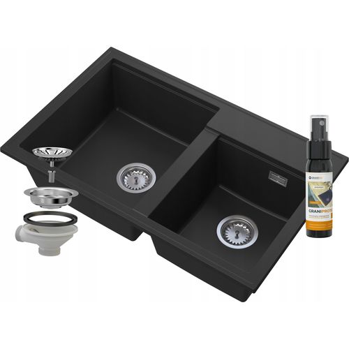 Zweikammer-Spülbecken Schwarz Granit Siphon Chrom Hektor