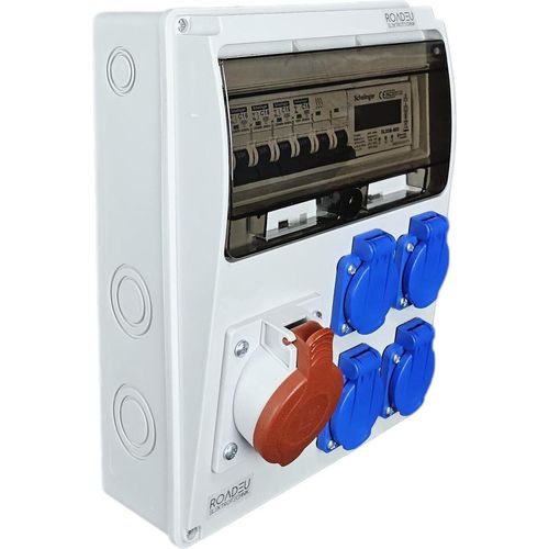 RoadEu Wandverteiler Baustromverteiler mit Stromzähler. CEE Steckdose 16A und 4x Schuko 230V. Stromverteiler mit Zähler und Leitungsschutzschalter