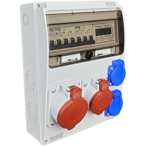 RoadEu Wandverteiler Baustromverteiler mit Stromzähler CEE Steckdose 16A und 32A, 2x Schuko 230V. Stromverteiler mit Zähler und Leitungsschutzschalter