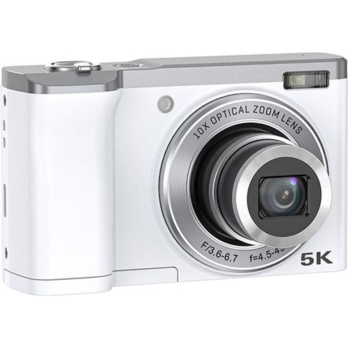 ZELURXX 5K HD Digitalkamera, Anti-Shake, Dual-Kamera, LED-Blitz, mit Trageband und Aufbewahrungstasche, Weiß