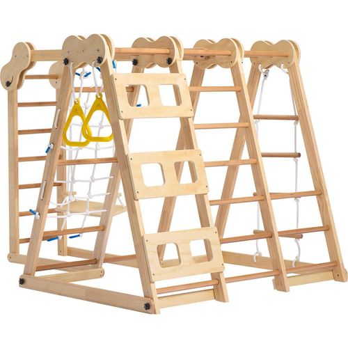 7-in-1 Multifunktionales Faltbares Klettergerüst aus Holz mit Rutsche,Kletterstange,Schaukel,Kletterseil,Netzleitern und mehr –Platzsparend und Sicher