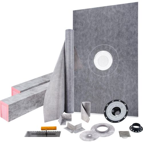 VEVOR Duschschwellen-Set, 48 x 72 Zoll große wasserdichte Duschschwellenmatte mit 4 Zoll PVC-Mittelflansch, 4 Zoll Edelstahlgewebe, 2 individuelle Duschschwellen und Kelle, Duschwannenrampe