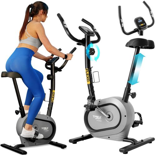 TREX SPORT Heimtrainer Fahrrad für Zuhause TX-450MB FLEXO | Fitnessbike mit 10 Stufen, LCD-Display, Bluetooth, Pulssensoren, bis 120 kg | Grau