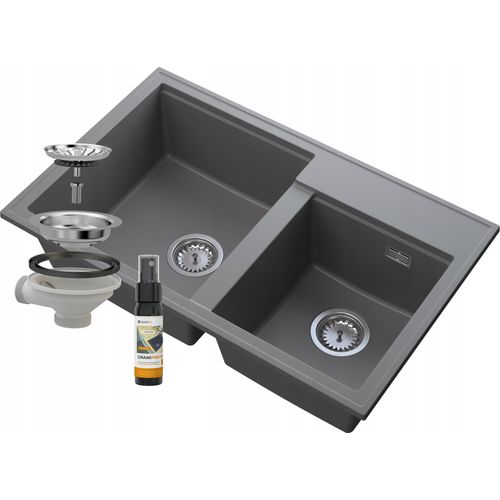 Zweikammer-Spülbecken Grau Granit Siphon Chrom Hektor