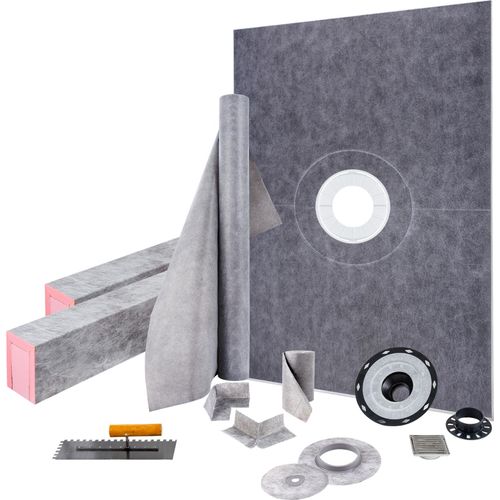 VEVOR Duschschwellen-Set, 38 x 60 Zoll wasserdichte Duschschwellenauflage mit 4 Zoll PVC-Mittelflansch, 4 Zoll Edelstahlgitter, 2 zuschneidbare Duschschwellen und Kelle, Duschwannen-Gefällestäbe