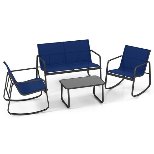 COSTWAY 4-tlg. Gartenmöbel Set, Terrassenmöbel mit sanfter Schaukelbewegung, 2 Stühlen, Bank & Tisch, Sitzgruppe für 4 Personen, Gartengarnitur Blau