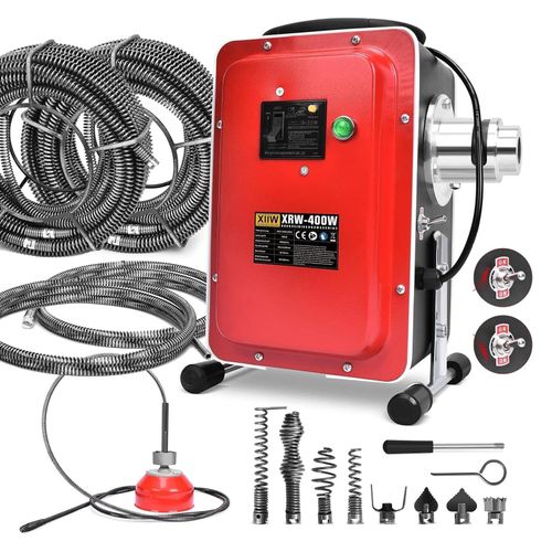 16mm 37M Spiralen Elektrische Rohrreinigungsmaschine 400W, Rohrreinigungsgerät mit FI-Schalter für Ø30-100mm, Rohrreinigungsspirale Ø10mm 5M