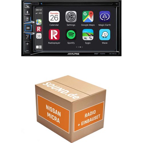 Autoradio Einbaupaket Alpine INE-W611D passend für Nissan Micra K13 + Soundsystem Silber | Navigationssystem CD-/DVD-Laufwerk