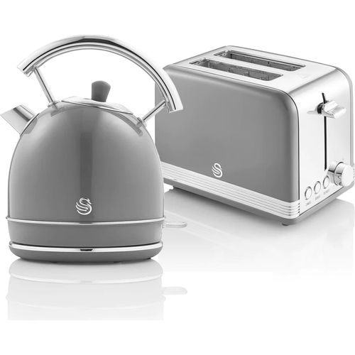 SWAN STP7050GRNEU Retro Set Frühstück, Wasserkocher 1,8L Kabellos, 2 Breitschlitz-Toaster, Vintage Grau