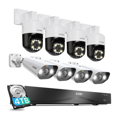 ZOSI 4K PoE Überwachungskamera Set Aussen, 8MP 4TB HDD NVR, 360° Auto Tracking, KI Personen-/Fahrzeugerkennung