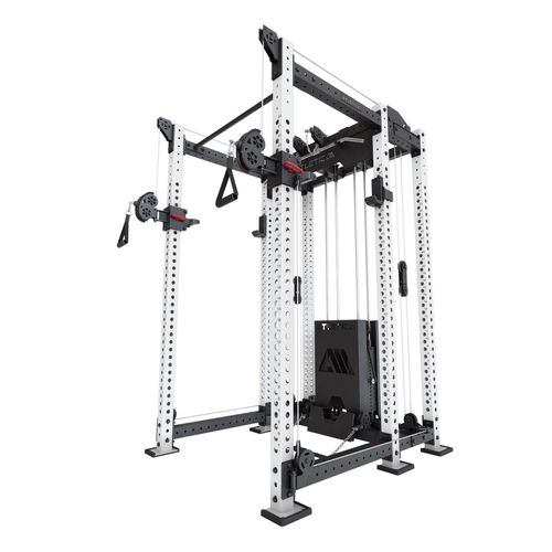 ATLETICA R8 Alpha | Power Rack | Squat Rack & Kabelzug | 180kg Steckgewichte für Cable Cross, Latzug, Rudern | Klimmzugstange, J-Hooks | Weiß