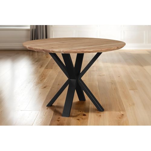 Runder Esstisch 120 cm Kimberly, Akazienholz naturfarben + massiv, Esszimmertisch mit Schweizer Kante, Spider-Gestell Metall Schwarz, pflegeleichter Holztisch