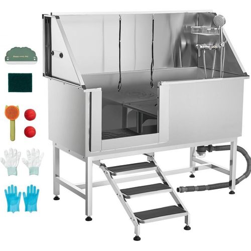 Tierpflegewanne 1500x700x1495mm mit Treppe und Wasserfilterplatte - Linkstür für Tierpflege und Hygiene.