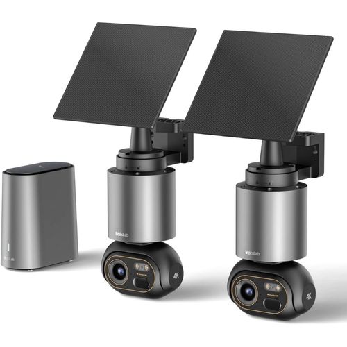 BOTSLAB 4K Überwachungskamera Aussen Solar Akku, 2 Cam-Kit mit HomeBase, 32GB Lokaler Speicher, Keine Gebühren, 360°Panorama WLAN Kamera Outdoor