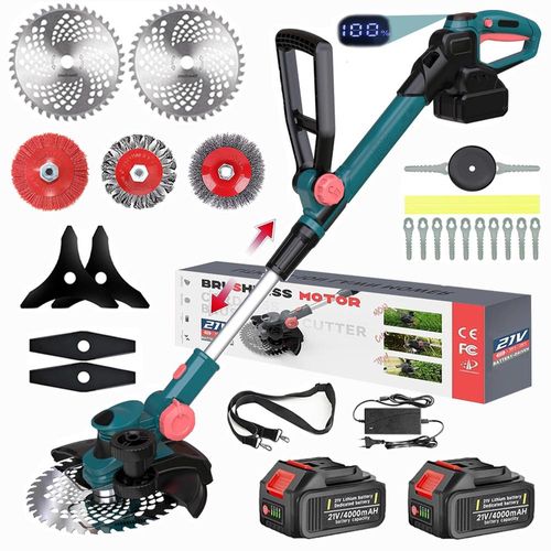 750W Akku Rasentrimmer mit 2× 4000mAh Akkus 21V, 5 Klingentypen Bürstenloser Motor Rasentrimmer, Freischneider mit Unkrautbürste, Drahtbürste – Blau