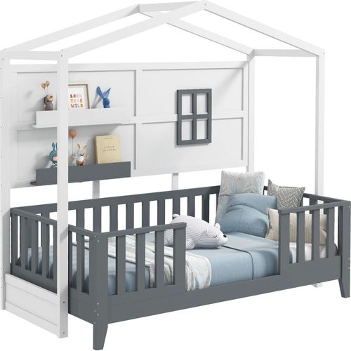 Bettgestell für Kinder in Twin Größe mit Dach, 2 Ablagen, Zaun, Fenster, Themenbett aus Holz für Kinder und Mädchen, keine Federn erforderlich