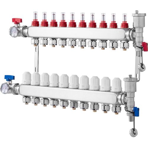 SucceBuy 10-Zweig-Wärmeverteilungsverteiler, 1/2-Zoll-PEX-Rohrverteiler, Edelstahl-PEX-Verteiler für hydronische Fußbodenheizung, Wärmeverteilungs-PEX-Verteilersatz mit 1/2-Zoll-Adaptern