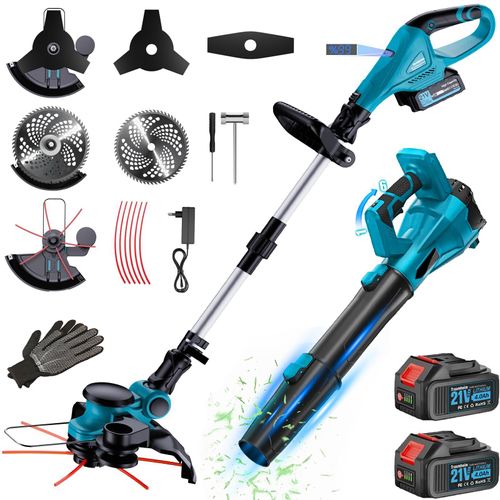 1000W Akku Rasentrimmer & Laubbläser Set mit 2x 4,0Ah Akkus +Ladegerät –Kabellos Unkraut schneiden & Laub blasen Gartengeräte für Rasen,Laubentfernung