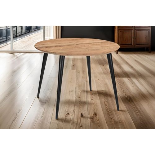 Runder Esstisch 105 cm Cara, Akazienholz naturfarben + massiv, Esszimmertisch mit Schweizer Kante, konisches 4-Fuß-Gestell Metall Schwarz, pflegeleichter Holztisch